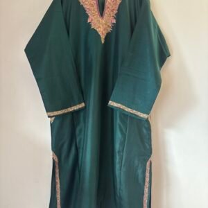 Stitched bottle green pure silk pheran with thread work