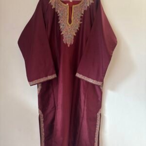 Maroon Stitched pure silk pheran with thread work