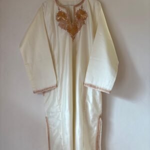 Stitched pure white silk pheran with golden tilla